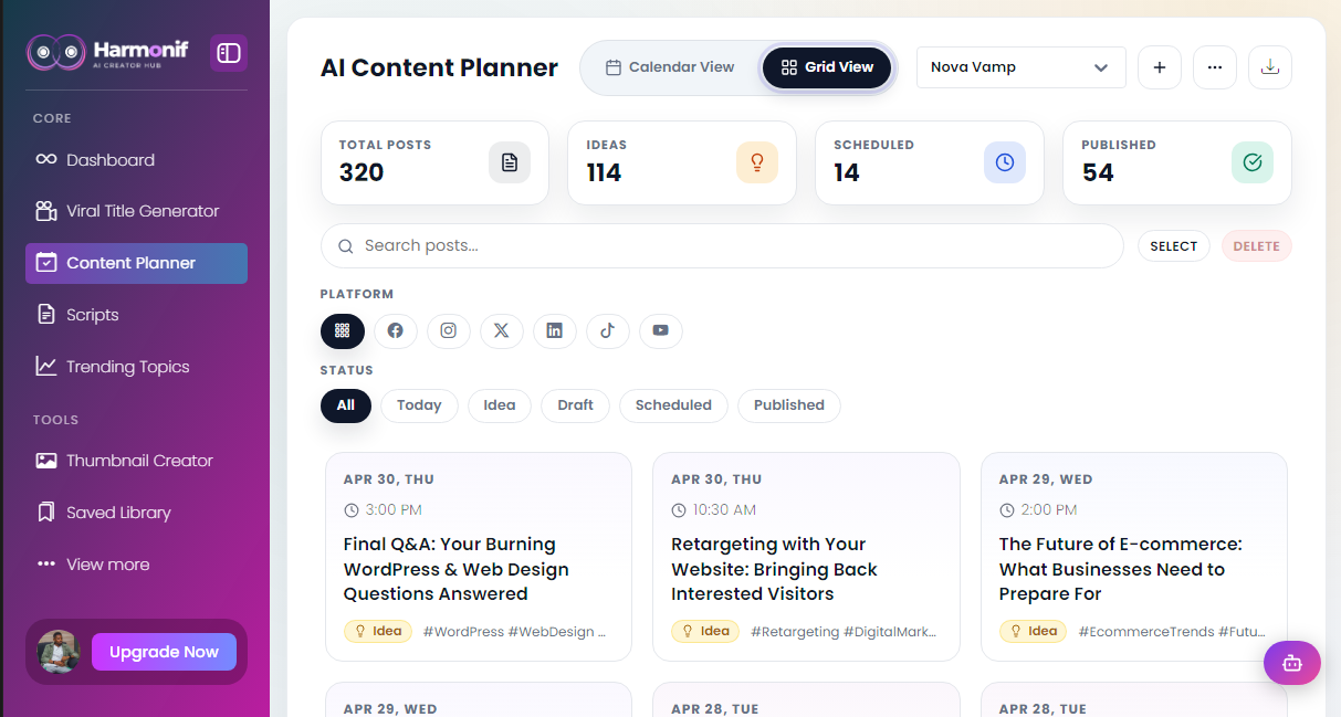Harmonif content planner grid view for managing a realistic publishing schedule