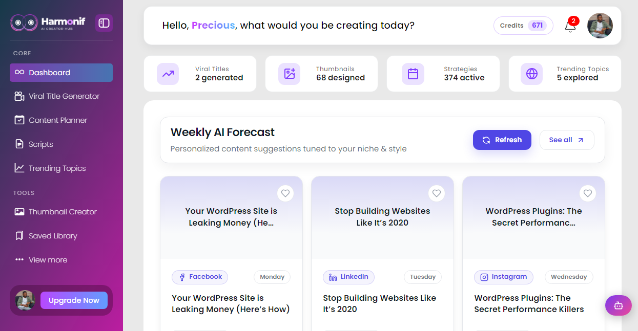 Harmonif dashboard illustrating an AI-assisted creator workflow with quality controls