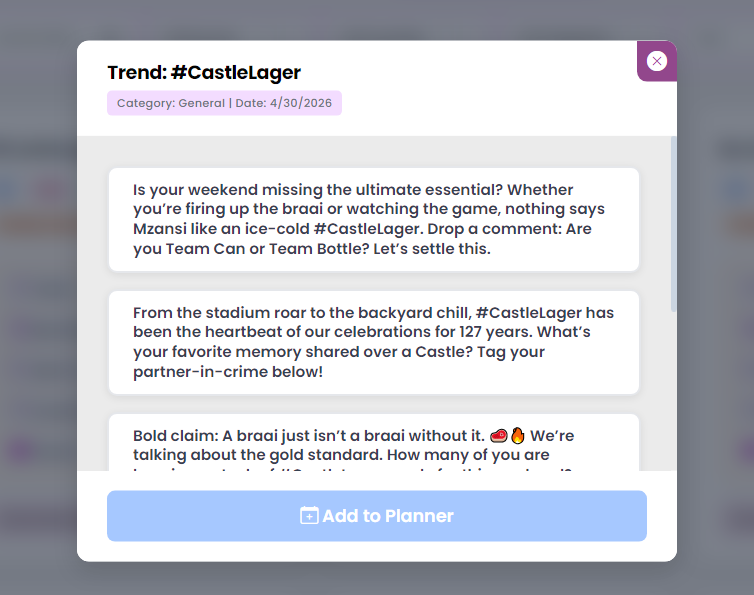 Harmonif trend suggestion workspace for building a monthly creator content plan
