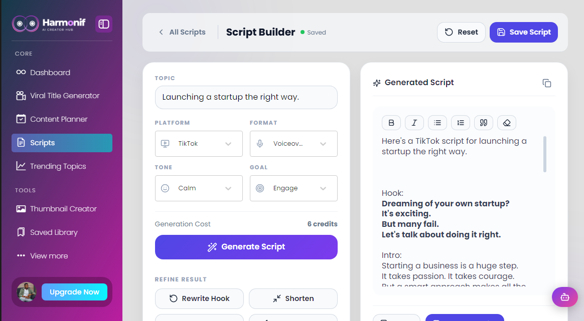 Harmonif script generator showing a structured creator script draft