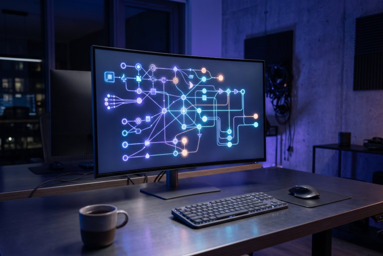 Sleek tech workspace workspace representing automated data pipelines and content workflows on a screen, styled with professional navy blue and violet tones.