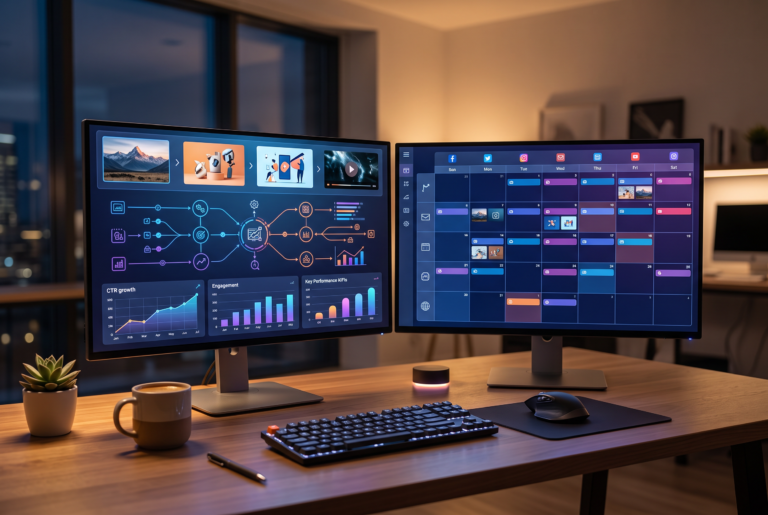 A sleek, modern dual-monitor workspace illustrating an automated content planning and visual production workflow with performance analytics charts.