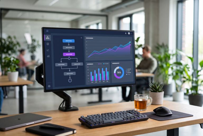 Clean workspace showing a sleek tech interface for automated marketing workflows and content strategy analytics