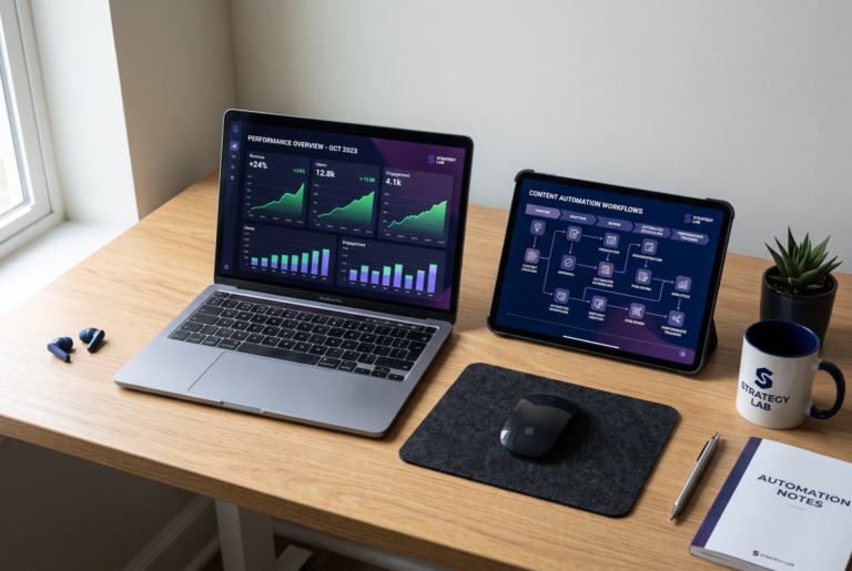 A modern analytics dashboard displaying keyword performance and content production ROI graphs next to a workflow automation tablet.