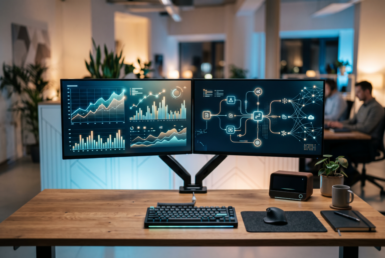 A minimalist tech workspace showing workflow automation diagrams and data charts on sleek monitors.
