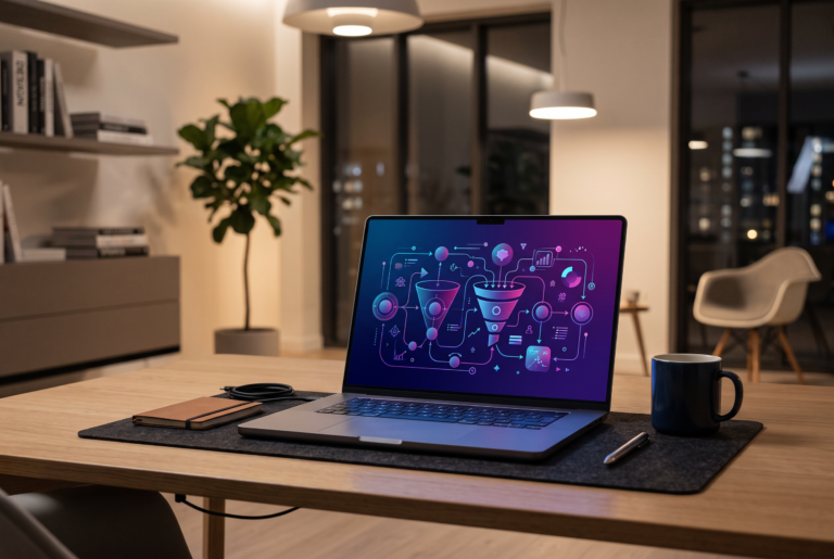 A sleek, modern workspace displaying an elegant, abstract content workflow diagram in deep blue and purple tones, symbolizing AI-driven content automation and digital marketing efficiency.